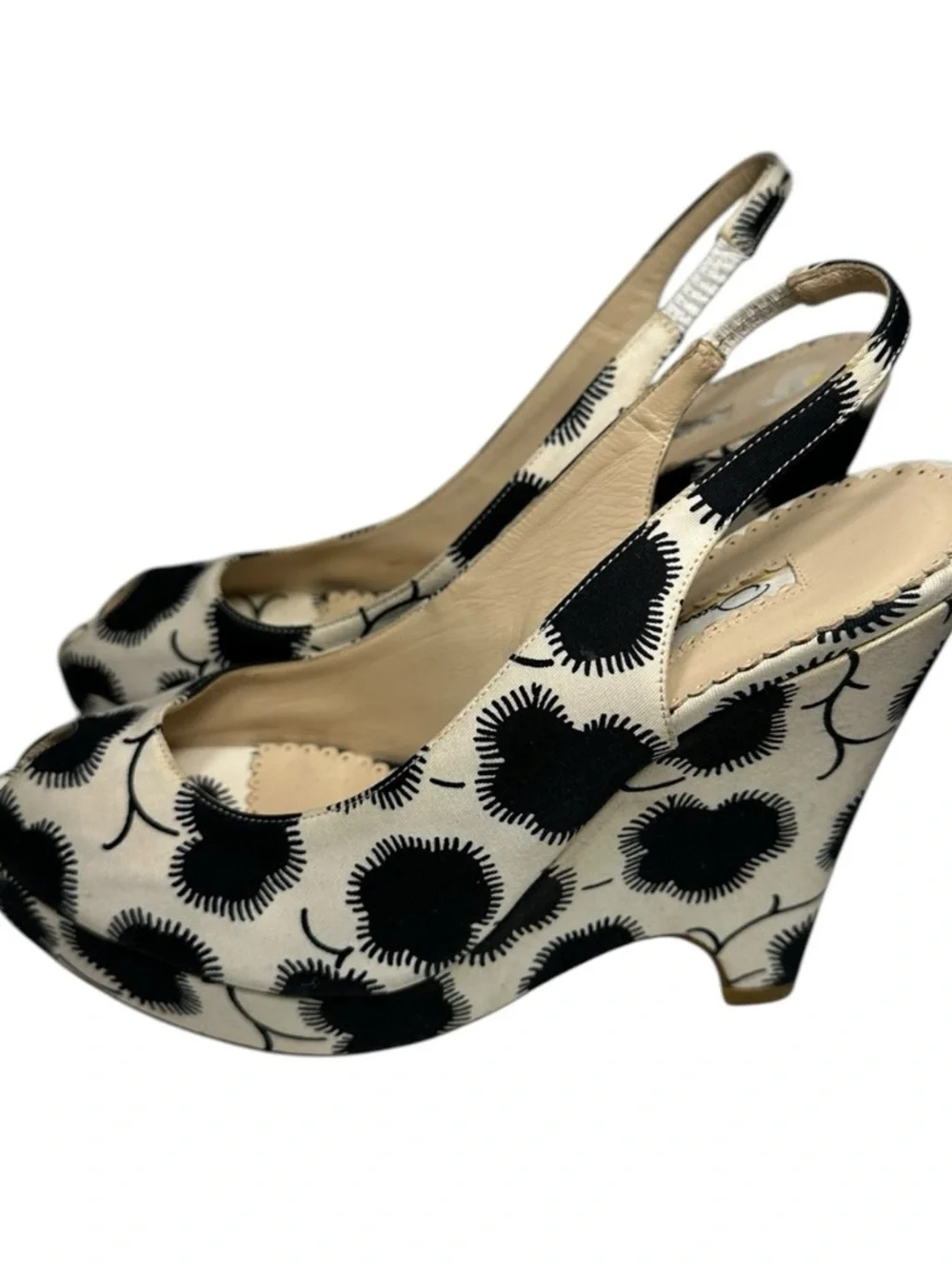 Oscar de la Renta Women’s 37.5 7.5 Black Cream Floral Slingback Platform Wedges